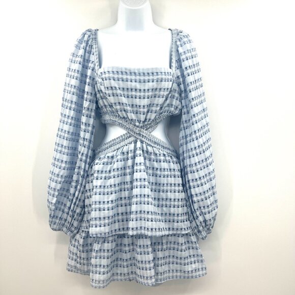 Shy Velvet Blue Plaid Cut Out Square Neck Dress Women's Medium - Picture 2 of 6